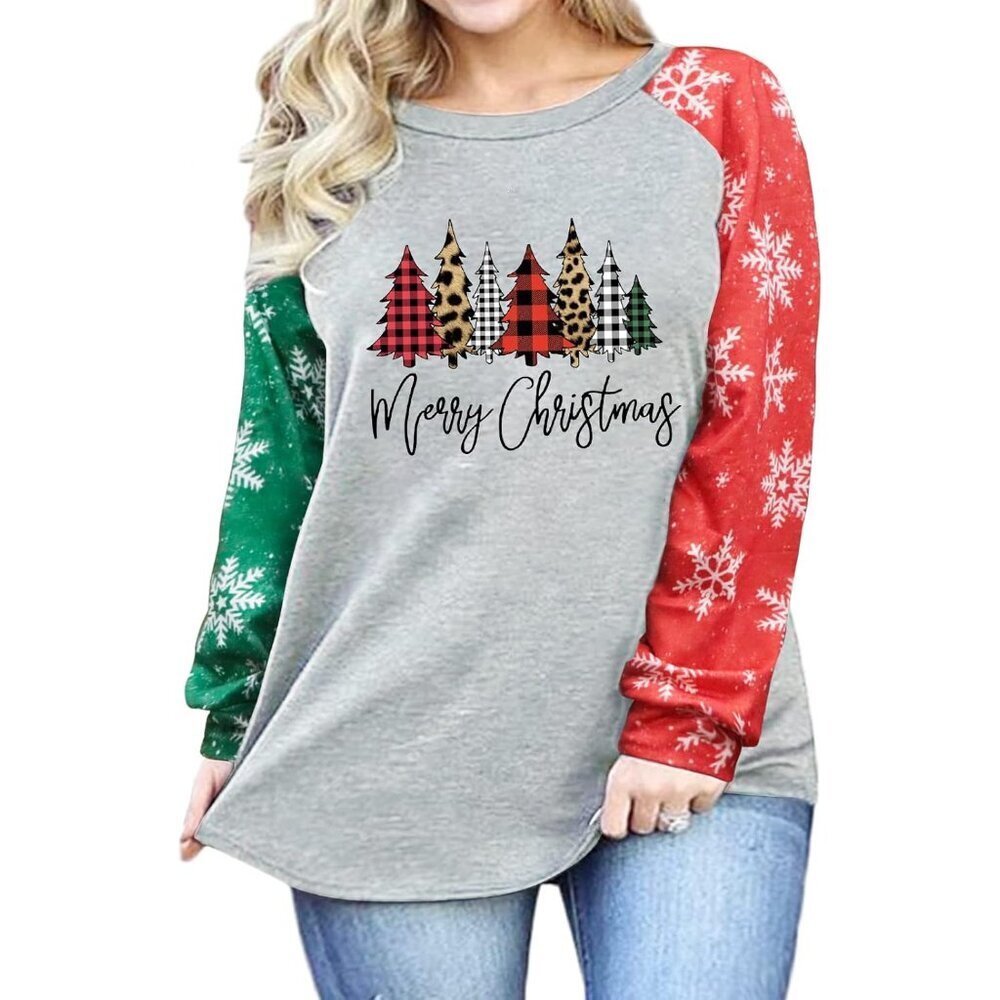 Plus Size Christmas Shirt Women Cotton Blend Long Sleeve Casual Festive Top